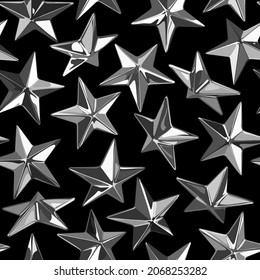 La estrella de punk vectorial metálico traza un patrón sin fisuras sobre fondo negro.