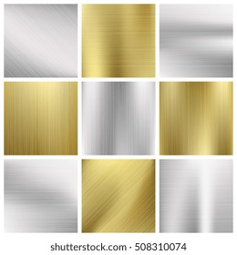 Metal vector textures set. Silver and gold metallic pattern illustration