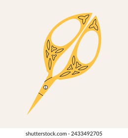 Metal vintage scissors in the shape of a butterfly with blue handles. Tools for sewing, manicure and needlework in cartoon style. Stock vector illustration.