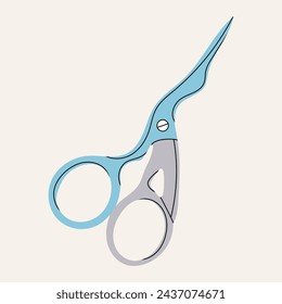 Metal vintage scissors in the shape of a butterfly with blue handles. Tools for sewing and needlework in cartoon style. Vector stock illustration. Scissors in the shape of a bird.