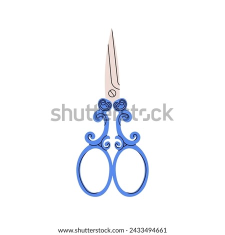 Metal vintage scissors of various shapes with blue handles. Vector stock illustration. Scissors for grooming, manicure, creativity and handicrafts.