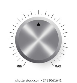 Metal volume switch with a scale. Min, Max, regulator, controller, adjustor, damper, rotating, turning, turn on off, rotative, valve, control, intensity, brightness, sound, minimum, maximum. Vector