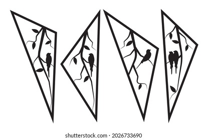 Metal wall art. Birds in branch in metal cut triangles, vector. Branch illustration isolated on white background. Black and white wall decals, minimalist art design, wall artwork. Metal art decoration