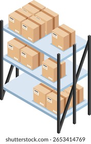 Prateleiras de armazém de metal que armazenam várias caixas de papelão prontas para envio e entrega, representando logística, gerenciamento de estoque e atendimento de pedidos