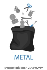 Metal Waste And Garbage. Hand-drawn big black plastic bag with metal waste. Garbage bag. Waste sorting concept. Vector illustration