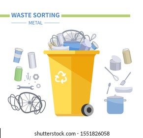 Metal waste recycling - modern flat design style illustration. Ecological visual aid with recyclable litter, metallic objects and a yellow bin. Kitchen utensils, tools, cans utilization. Eco concept