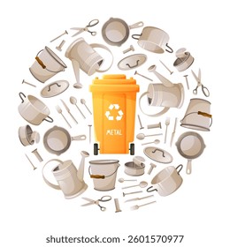 Metal waste in round template, scrap metal, metal utensils, yellow container, waste sorting, separation and recycling concept. Environmental protection, sustainable development, eco-friendly lifestyle
