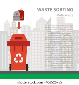 Metal waste sorting flat concept.  Vector illustration of metal waste. Metal waste recycling categories and garbage disposal. Metal waste types sorting management .