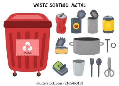 Metal waste sorting set. Red trash can for aluminium garbage with cans. Separating and recycling objects collection. Vector illustration