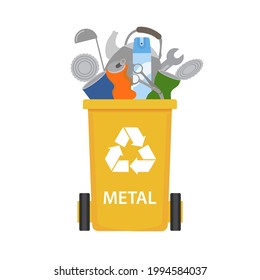 Metal waste trash can. Recyclable waste in a container. Isolated vector illustration