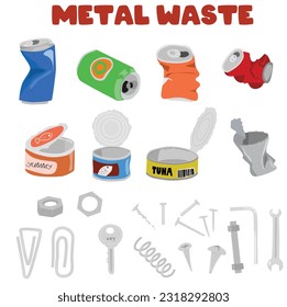 Metal waste vector set. Recycled garbage vector set. tin, can. Nail, bolt, clip, spring, screw. Repair tool. Aluminum waste. Sorting and recycling garbage. Flat vector isolated on white background.