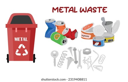 Metal waste vector set. Recycled garbage vector set. tin, can. Nail, bolt, clip, spring, screw. Repair tool. Aluminum waste. Sorting and recycling garbage. Trash. Rubbish. Flat vector isolated. 