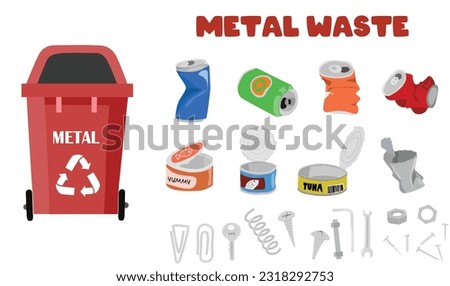 Metal waste vector set. Recycled garbage vector set. tin, can. Nail, bolt, clip, spring, screw. Repair tool. Aluminum waste. Sorting and recycling garbage. Flat vector isolated on white background.