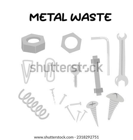 Metal waste vector set. screw, bolt, hex bolt, nail. Spring. Wrench. Spenner. Nut. Key. Paper clip. Metal mechanic tool. Mechanical engineering. Maintenance toolkit. Construction and household tools.