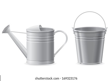 metal watering can and bucket vector illustration isolated on white background