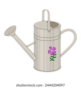 Metal watering can for caring for house plants with a floral pattern. Farming and gardening, growing flowers. Vector illustration isolated on transparent background.м