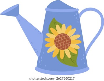 Metal watering can featuring a vibrant sunflower and leaves painted on its side, perfect for nurturing plants and flowers in gardens or indoor spaces