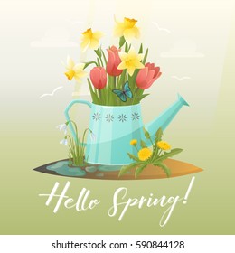 Metal watering can with flowers on soil with puddles. Spring snowdrop and tulip, blowball and dandelion, taraxacum and narcissus or jonquil. Spring and gardening, agriculture and floral theme