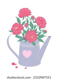 Metal watering can with pink peonies isolated on white background. Cartoon gardening tool decorated pink heart.  Summer composition with gray pot and peony flowers. Simple vector flat illustration. 