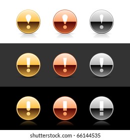 Metal web 2.0 buttons with attention sign. Round shapes with shadow and reflection on white, gray and black