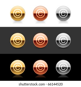 Metal web 2.0 buttons with copyright sign. Round shapes with shadow and reflection on white, gray and black