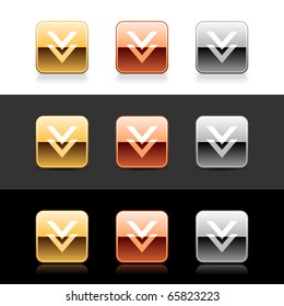 Metal web 2.0 buttons with download sign. Rounded square shapes with shadow and reflection on white, gray, and black