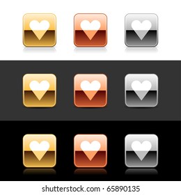 Metal web 2.0 buttons with heart sign. Rounded square shapes with shadow and reflection on white, gray and black