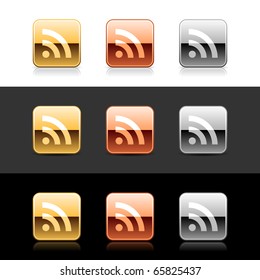 Metal web 2.0 buttons with RSS sign. Rounded square shapes with shadow and reflection on white, gray and black