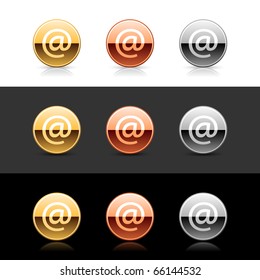 Metal web 2.0 buttons with at sign. Round shapes with shadow and reflection on white, gray and black