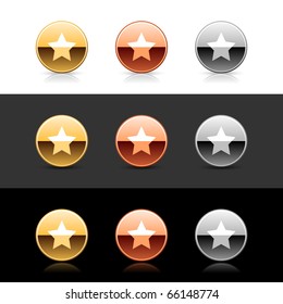 Metal web 2.0 buttons with star sign. Round shapes with shadow and reflection on white, gray and black