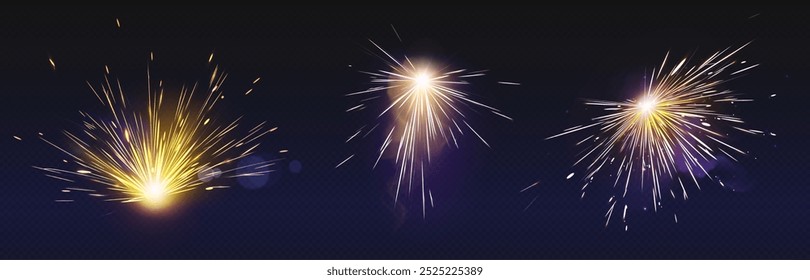 Metall Schweißnaht Funken Lichteffekt. Feuerwerk einzeln auf transparentem Hintergrund. Brennflammenexplosion mit heißem fliegendem Feuerwerkskörper. 3D realistische goldene Sterne funkeln Design. Energie aus dem Mahlwerk