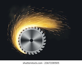 Metal welding sparks realistic composition with iron cutting buzz saw vector illustration