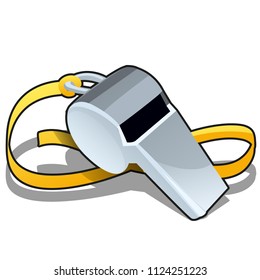 Metal whistle of the coach isolated on white background. Vector cartoon close-up illustration.