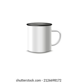 Esmalte blanco metálico, café o taza de té, ilustración vectorial realista aislada en fondo blanco. Traducción de esmalte para beber para merchandising e identidad de marca.