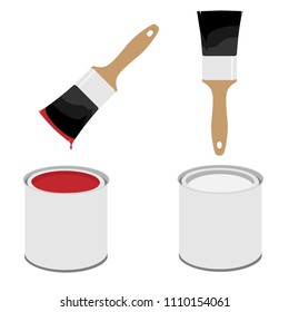 Metal white paint can with red paint and paintbrush with wooden handle vector illustration