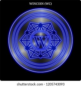 Metal WINCOIN (WC) cryptocurrency coin with blue neon glow.