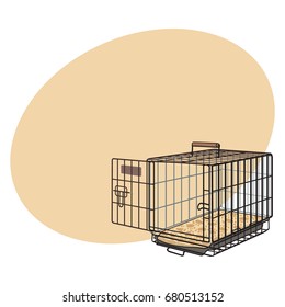 Metal Wire Cage, Crate For Pet, Cat, Dog Transportation, Sketch Style Vector Illustration With Space For Text. Hand Drawn Metal Wire Dog Crate, Cage On White Background