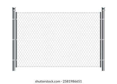 Metal wire fence. Chain-link fence fragment with metallic pillars. Secured territory, protected area or prison fencing. Wire grid construction