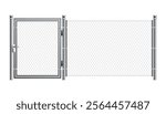 Metal wire fence and gate. Chain-link fence fragment with metallic pillars. Secured territory, protected area or prison fencing. Wire grid construction