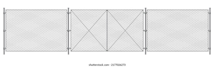 Metal wire fence and gate. Chain-link fence fragment with metallic pillars. Secured territory, protected area or prison fencing. Wire grid construction