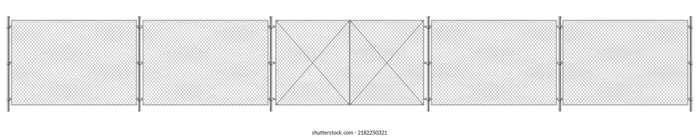 Metal wire fence and gate. Chain-link fence fragment with metallic pillars. Secured territory, protected area or prison fencing. Wire grid construction