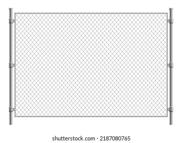 Metal wire fence and gate. Chain-link fence fragment with metallic pillars. Secured territory, protected area or prison fencing. Wire grid construction