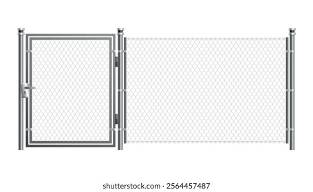 Metal wire fence and gate. Chain-link fence fragment with metallic pillars. Secured territory, protected area or prison fencing. Wire grid construction