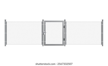 Metal wire fence and gate. Chain-link fence fragment with metallic pillars. Secured territory, protected area or prison fencing. Wire grid construction