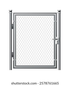 Metal wire fence and gate. Chain-link fence fragment with metallic pillars. Secured territory, protected area or prison fencing. Wire grid construction