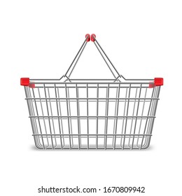 Metal wire small shopping basket for mall and supermarket. Convenient consumer for perfect storage or easy carrying. Vector metal basket illustration