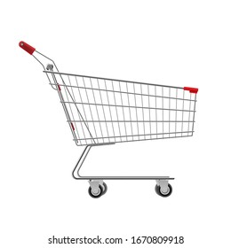 Metal wire small shopping cart for mall, supermarket trolley. Empty bag on wheels to carry heavy items, purchasing. Vector metal trolley illustration