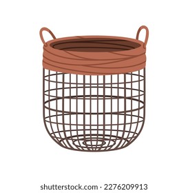 Metal wired basket with woven textile ropes. Empty big home interior container for storage, modern trendy style, rounded shape. Flat vector illustration isolated on white background