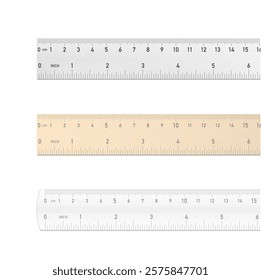 Metal, wood, plastic ruler mockups isolated on white background. Vector illustration isolated on white background. Ready for use in presentation, promo, advertising. EPS10.	