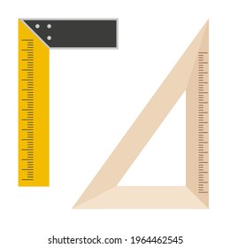 Metal and wood square measuring tool. L-square and school angle ruler. Set square or triangle tool. Flat style vector illustration isolated on white background.